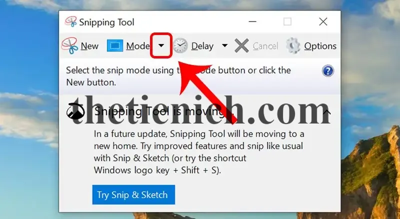 Nhấp vào mũi tên bên phải chữ Mode chọn chế độ chụp trên Windows 10